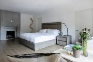 Modern bedroom with large bed, fireplace, and plants