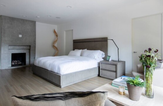 Modern bedroom with large bed, fireplace, and plants