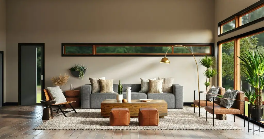 Top 2022 Interior Design Trends 1 Modern living room with large sofa, armchairs, indoor plants, and a view of the outdoors
