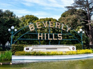 Beverly Hills sign in a park setting