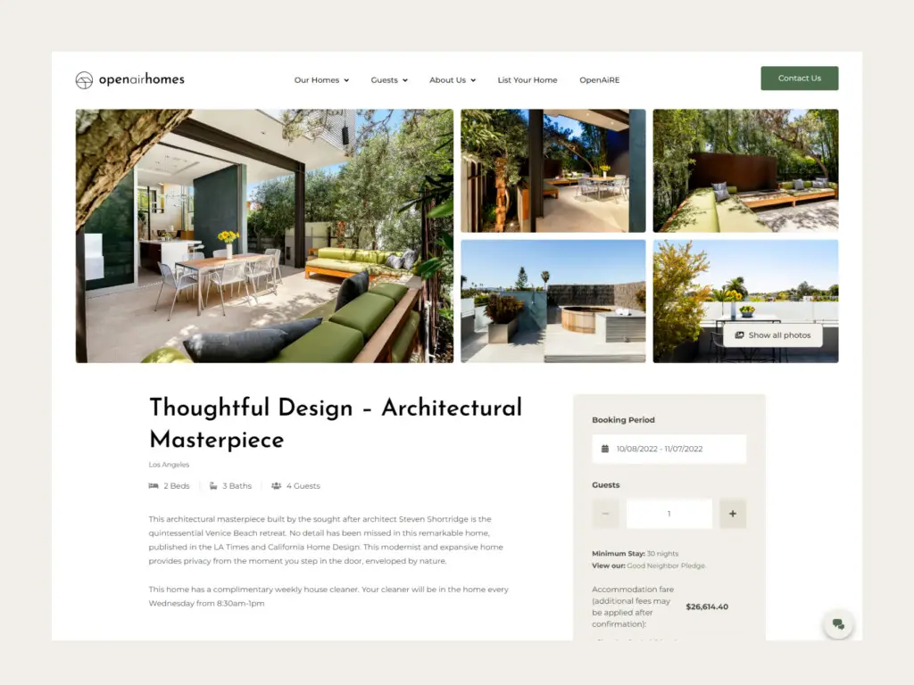 Webpage layout showing a property listing titled 'Thoughtful Design - Architectural Masterpiece.'