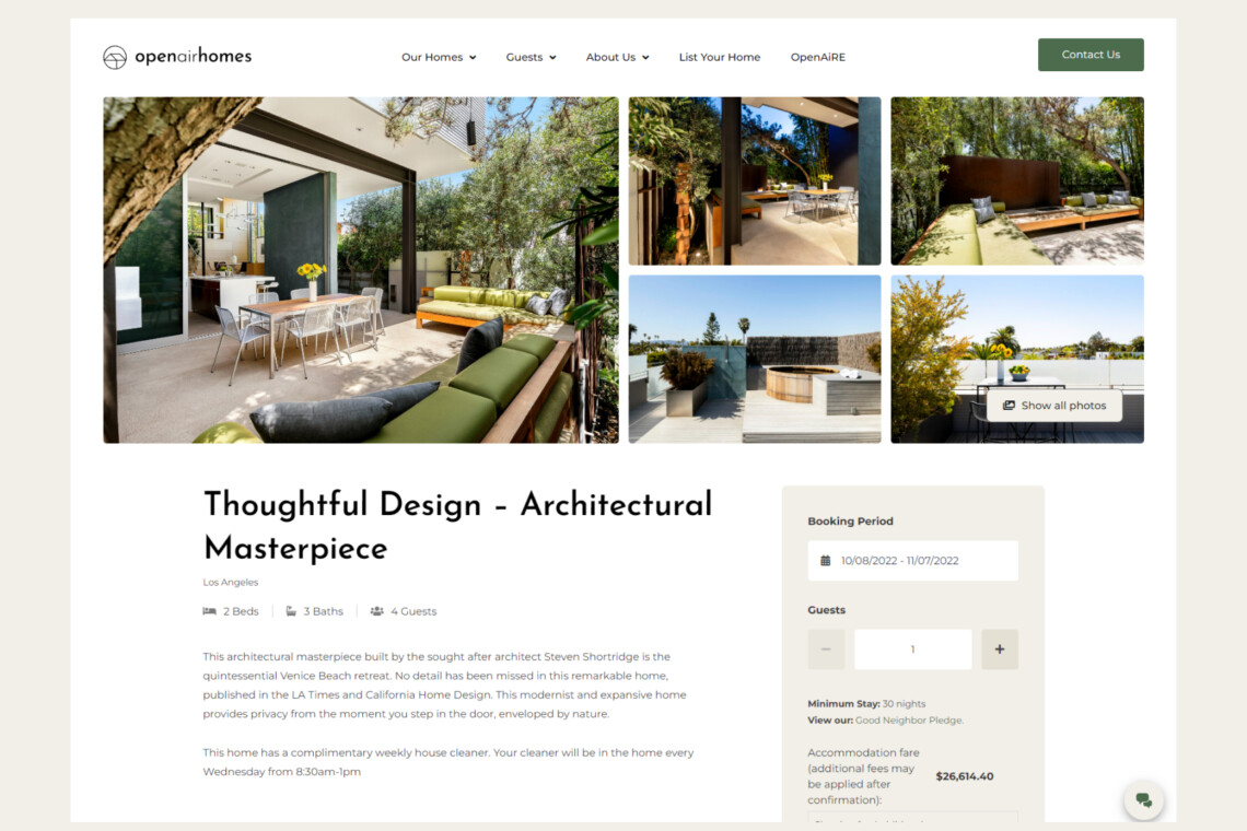 Webpage layout showing a property listing titled 'Thoughtful Design - Architectural Masterpiece.'