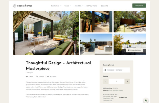 Webpage layout showing a property listing titled 'Thoughtful Design - Architectural Masterpiece.'