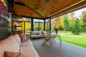 Outdoor seating area with garden view.