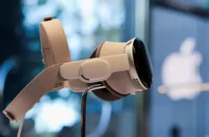 Close-up of Apple's Vision Pro headset displayed on its launch day.