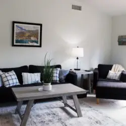 Living room with sofas, coffee table, and decor at Desert Falls - by Open Air Homes