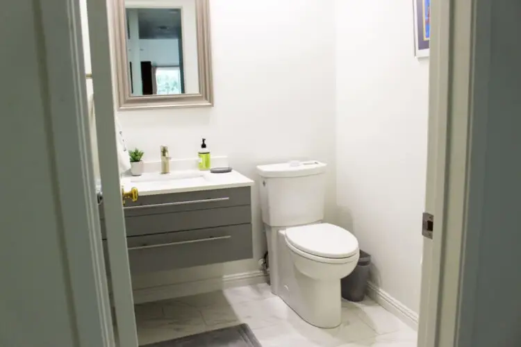 Bathroom with toilet, vanity, and mirror at Desert Falls by Open Air Homes.