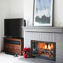 Fireplace with television and plant at Desert Falls - by Open Air Homes