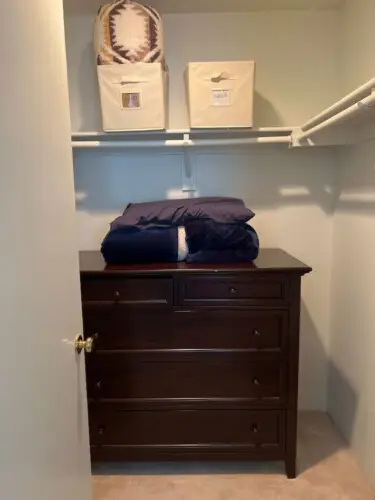 Closet with dresser and storage bins at Desert Falls- Family Home by Open Air Homes