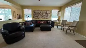 Spacious living room at Silver Springs Retreat, an Open Air Homes property for ages 55+, featuring leather sofas and natural light.