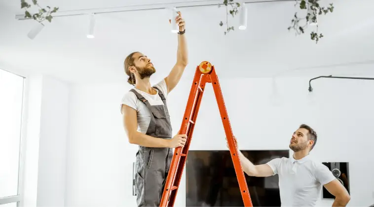 Two people adjusting a light fixture