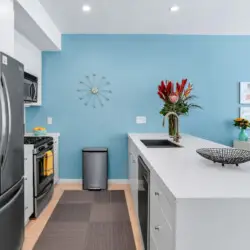 Kitchen with blue accent wall, white island, and stainless steel appliances at La Mirage gated community in Palm Springs, showcasing modern design – by Open Air Homes.