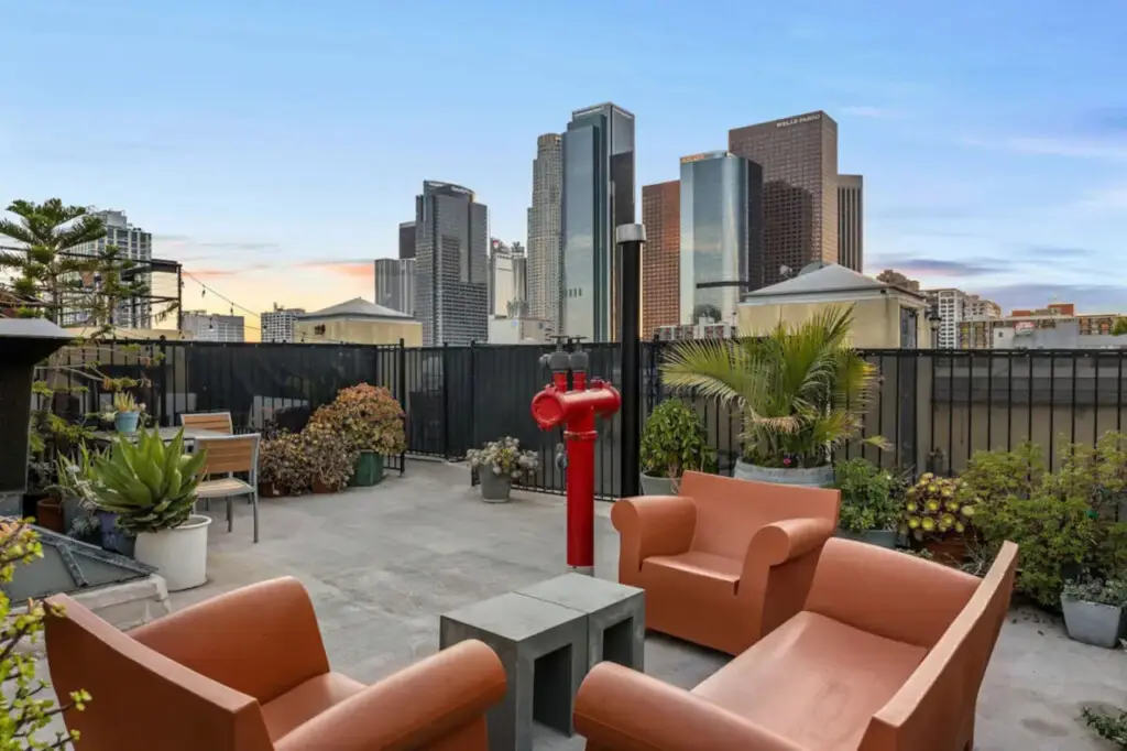 Rooftop patio with city skyline views