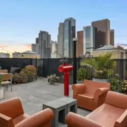 Rooftop patio with city skyline views