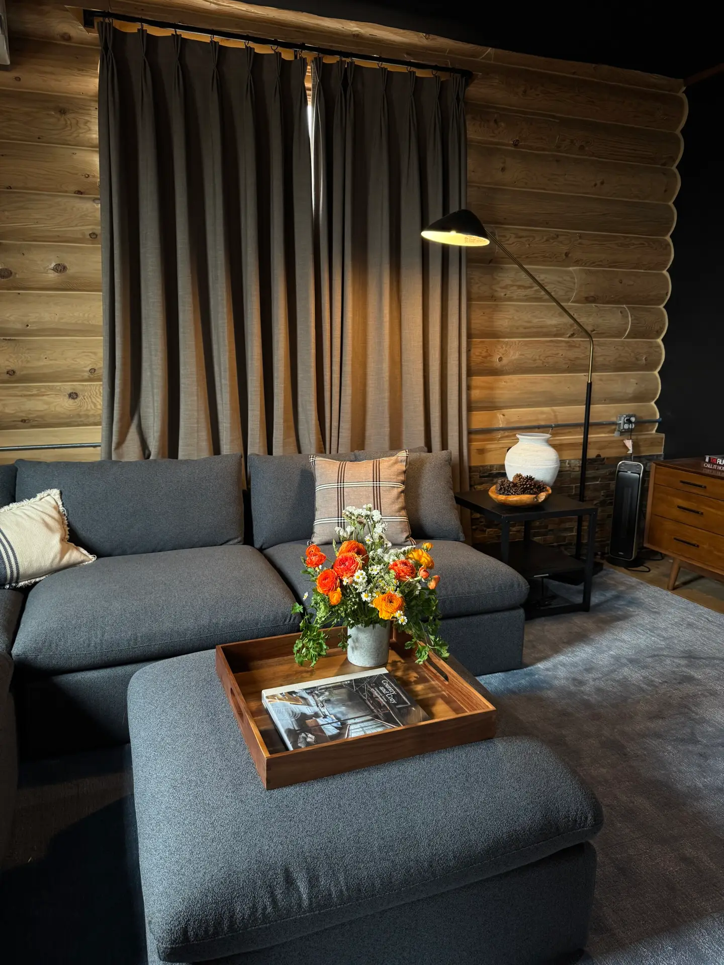 Cozy living room with wooden interior and gray sofa – Open Air Homes