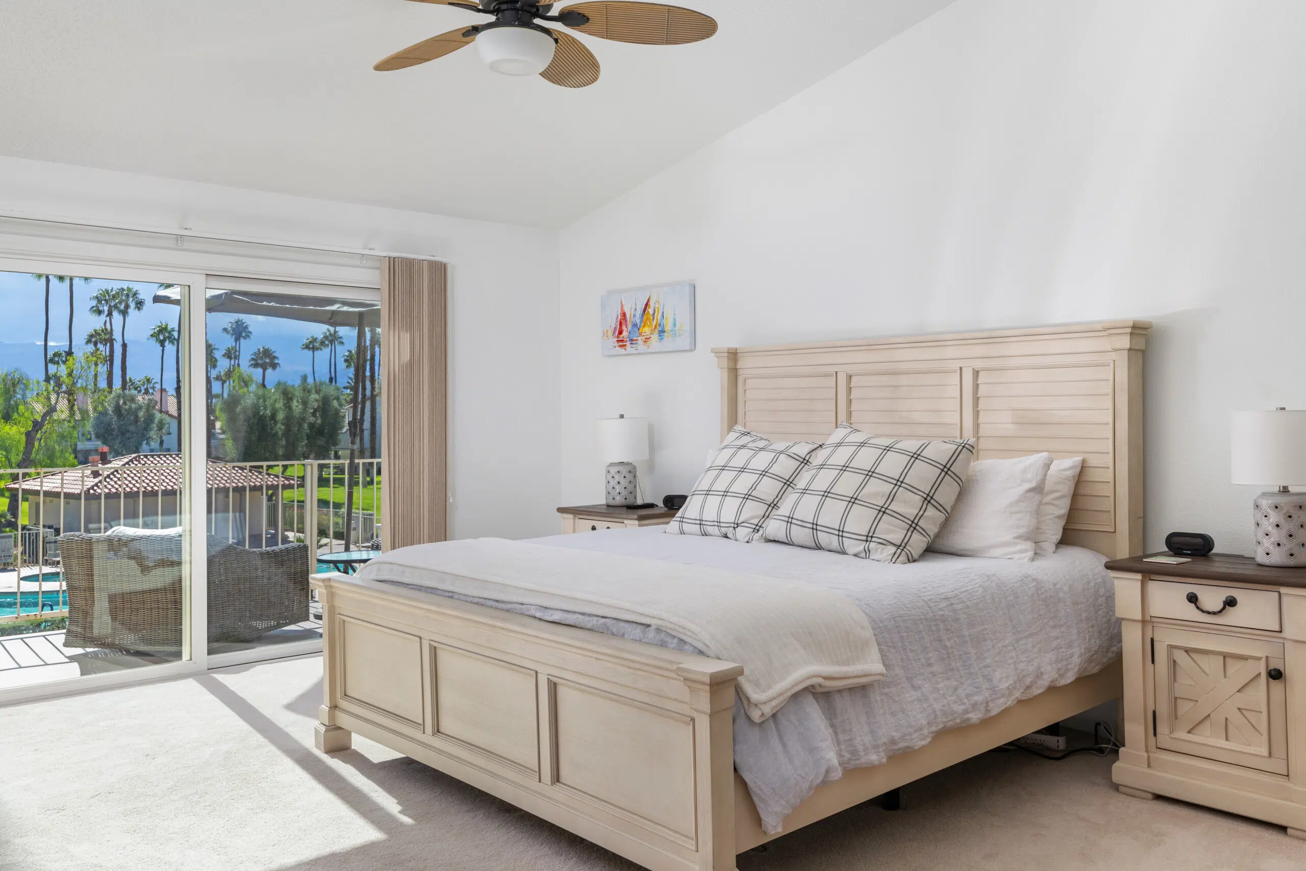 Desert Falls primary bedroom with Quince white linen bedding