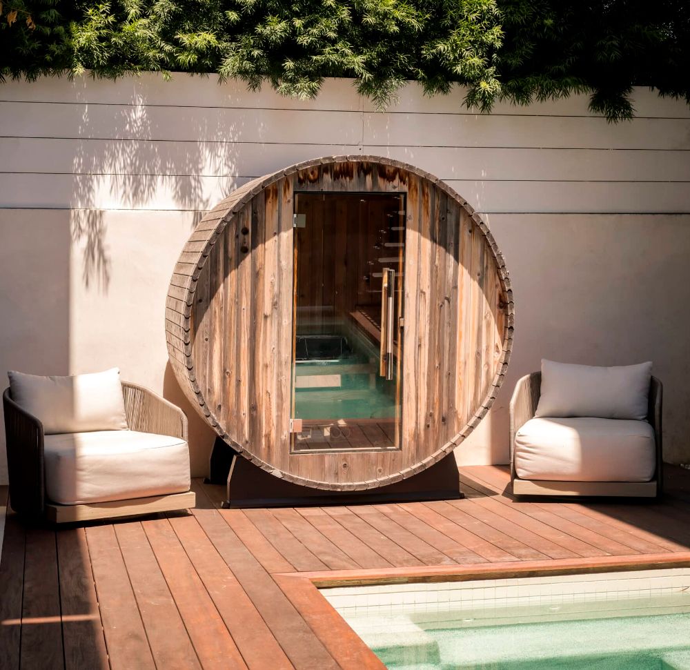 Barrel sauna and plunge pool in a private Venice courtyard, a Los Angeles home managed by Open Air Homes