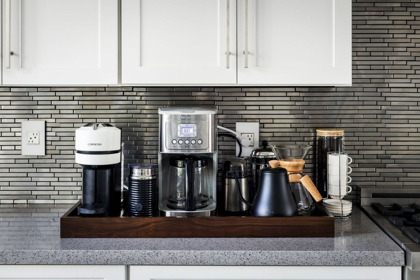Coffee station added to the kitchen during the Palm Springs vacation rental refresh