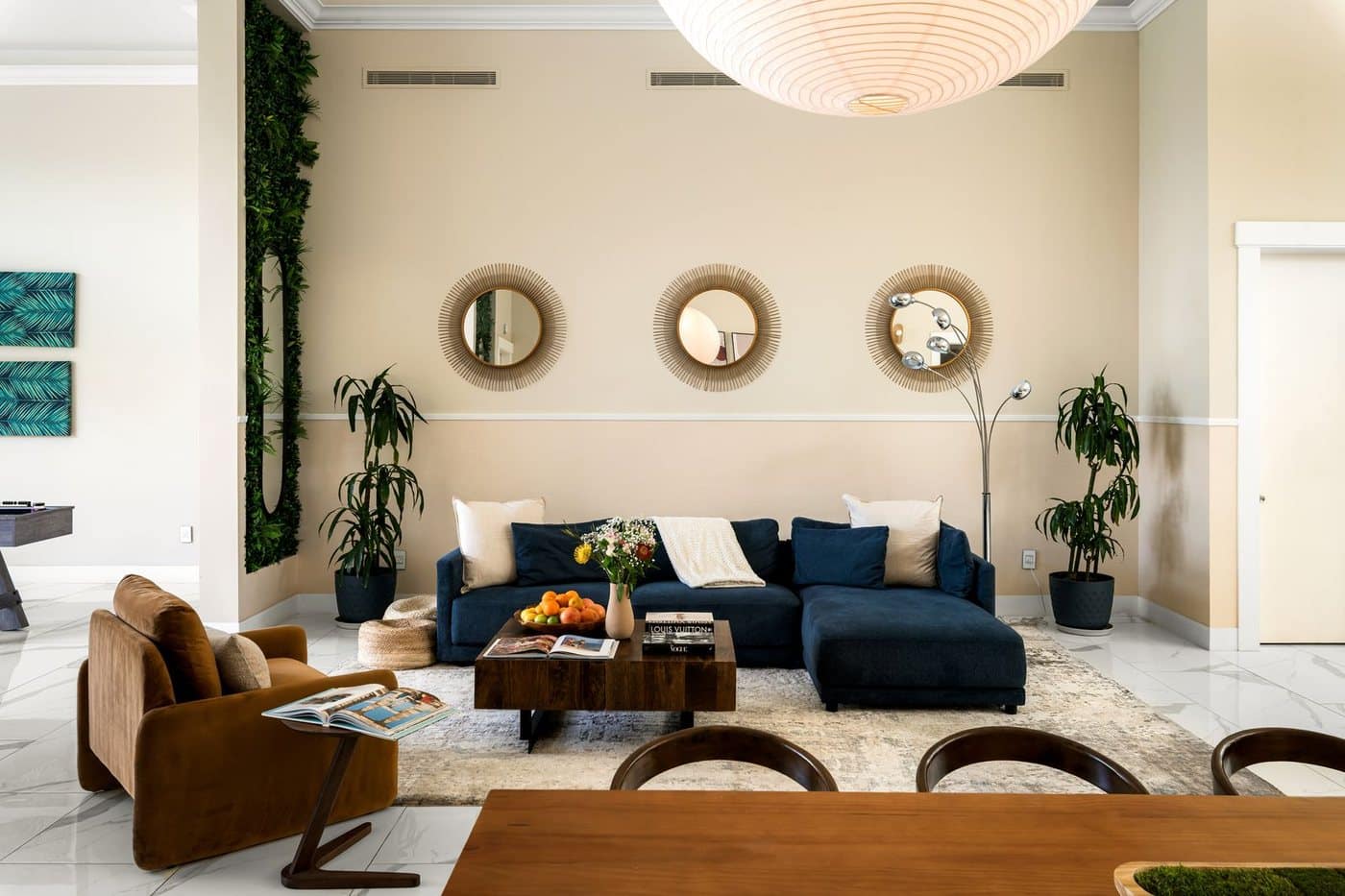 Restyled living room seating and decor in the Palm Springs vacation rental