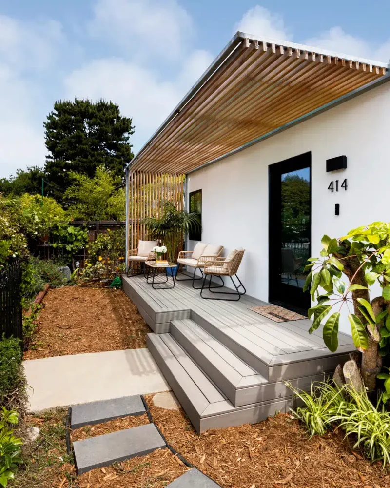 Outdoor deck area with comfortable seating in a Venice Beach luxury rental, ideal for relaxation.