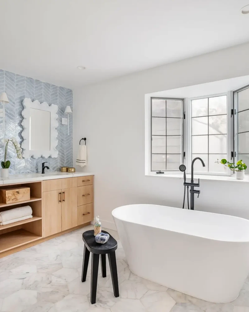Bel Air Airbnb Management - Bathroom with freestanding bathtub and double sinks in Pacific Palisades home.