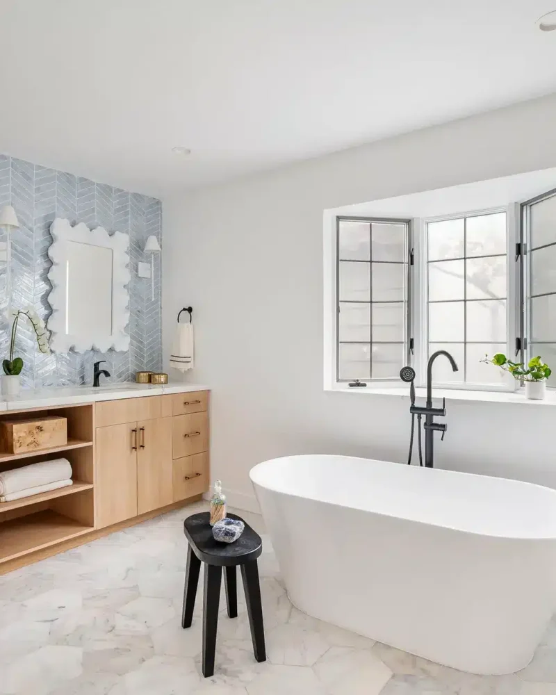 Bel Air Airbnb Management - Bathroom with freestanding bathtub and double sinks in Pacific Palisades home.