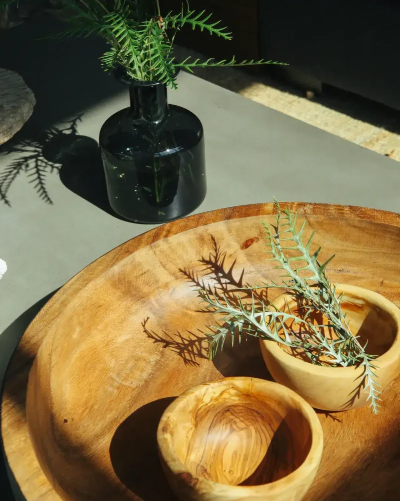 Wooden tray and bowls with a plant in a vase on a table at Open Air Homes' luxury vacation rental.